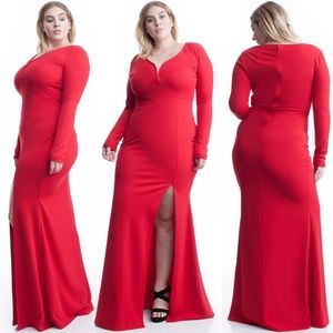 NEW PLUS SIZE LONG SLEEVES BODYCON RED MAXI DRESS